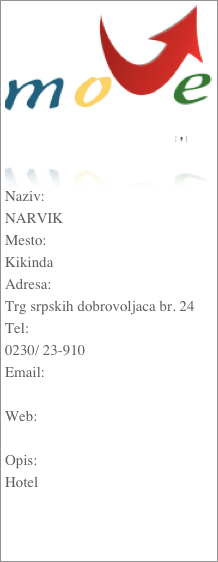 ￼


Naziv:NARVIKMesto:KikindaAdresa:Trg srpskih dobrovoljaca br. 24Tel:0230/ 23-910Email: Web: Opis:Hotel