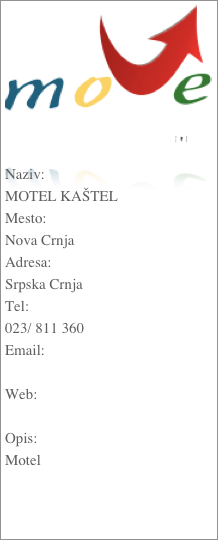 ￼

Naziv:
MOTEL KAŠTELMesto:Nova CrnjaAdresa:Srpska CrnjaTel:023/ 811 360Email: Web: Opis:Motel