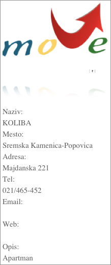 ￼


Naziv:KOLIBAMesto:Sremska Kamenica-PopovicaAdresa:Majdanska 221Tel:021/465-452Email: Web: Opis:Apartman